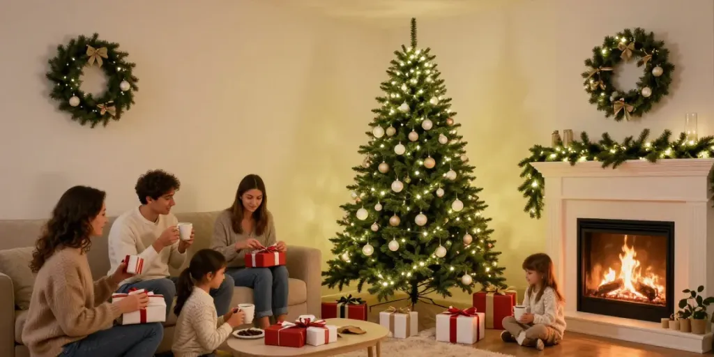 Beautifully decorated living room featuring a pre lit pencil slim Christmas tree, family celebrating with gifts and warm ambiance.
