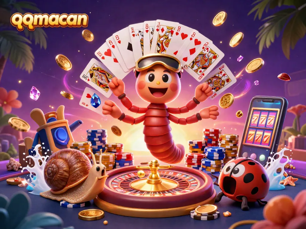 Experience exciting casino action featuring qqmacan with a millipede dealer and high-roller snail amidst vibrant gaming elements.