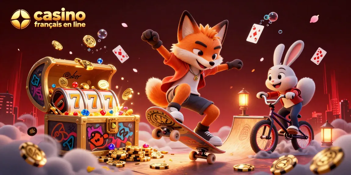 Illustration dynamique promouvant le casino français en ligne avec un renard skateboard et un lapin BMX entourés d'éléments de jeux.