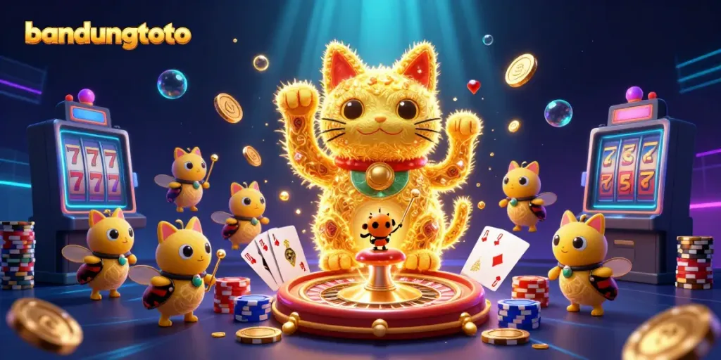 Engage in thrilling gameplay at bandungtoto with a vibrant lucky cat themed illustration featuring casino symbols.