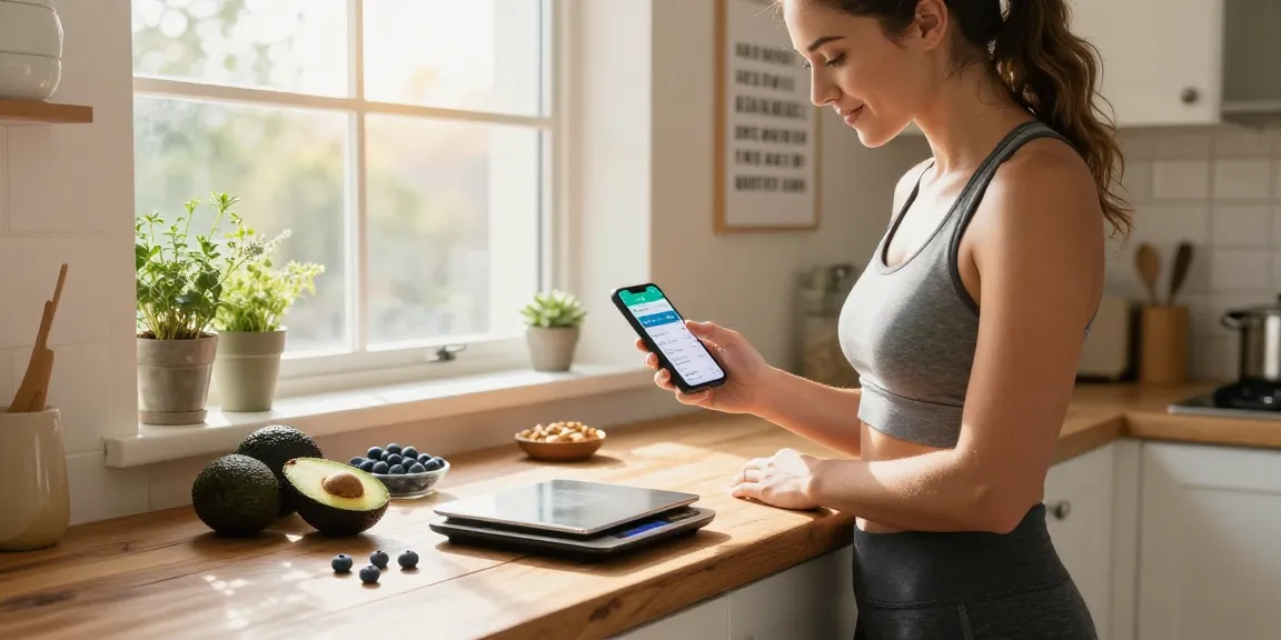 Engaged fitness enthusiast logging meals with the best calorie tracker in a bright kitchen.