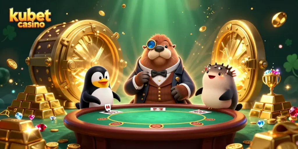 Engage in captivating games at kubet casino, featuring underwater poker with charming characters in a lavish setting.