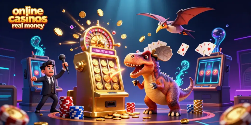 Catch the excitement at online casinos real money with animated characters around a jackpot slot machine.