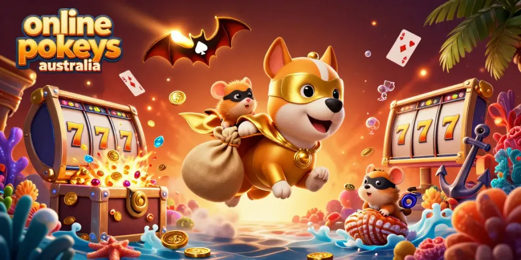 Experience thrilling wins with online pokies Australia in this vibrant 3D illustration featuring animations and game elements.