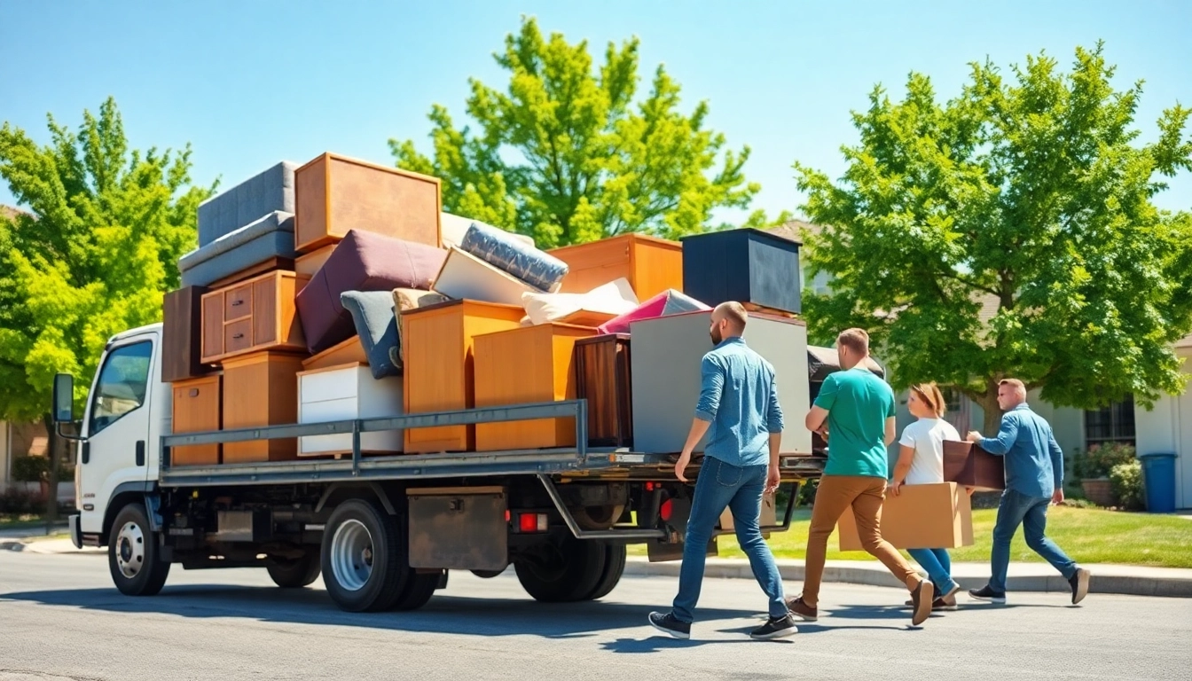 Furniture disposal pickup team efficiently removing items from a residential area.
