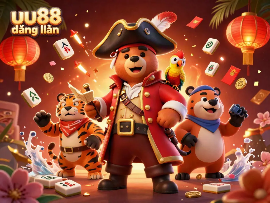 Engage in thrilling games with uu88 đăng nhập, featuring a pirate bear and a tiger by vibrant casino elements.