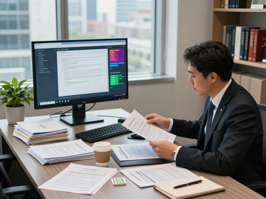 Document fraud detection specialist analyzing documents in dynamic office.