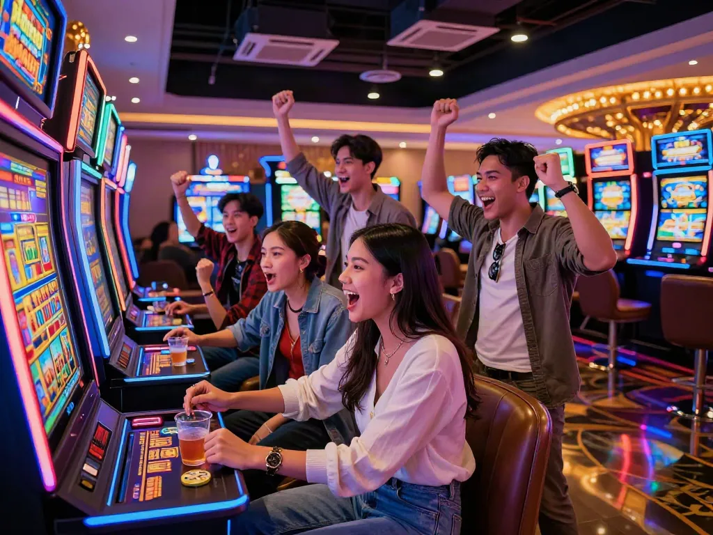 Excited friends celebrating a big win at a slot gacor machine in a vibrant casino.