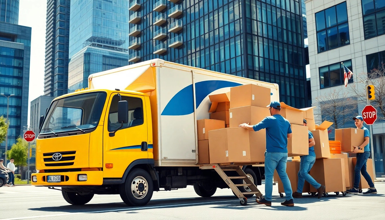 Wellen moving services showcasing professional movers handling boxes efficiently in an urban setting.