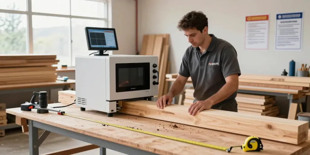 Shashel® wood treatment technician using microwave equipment for wood-boring insects.