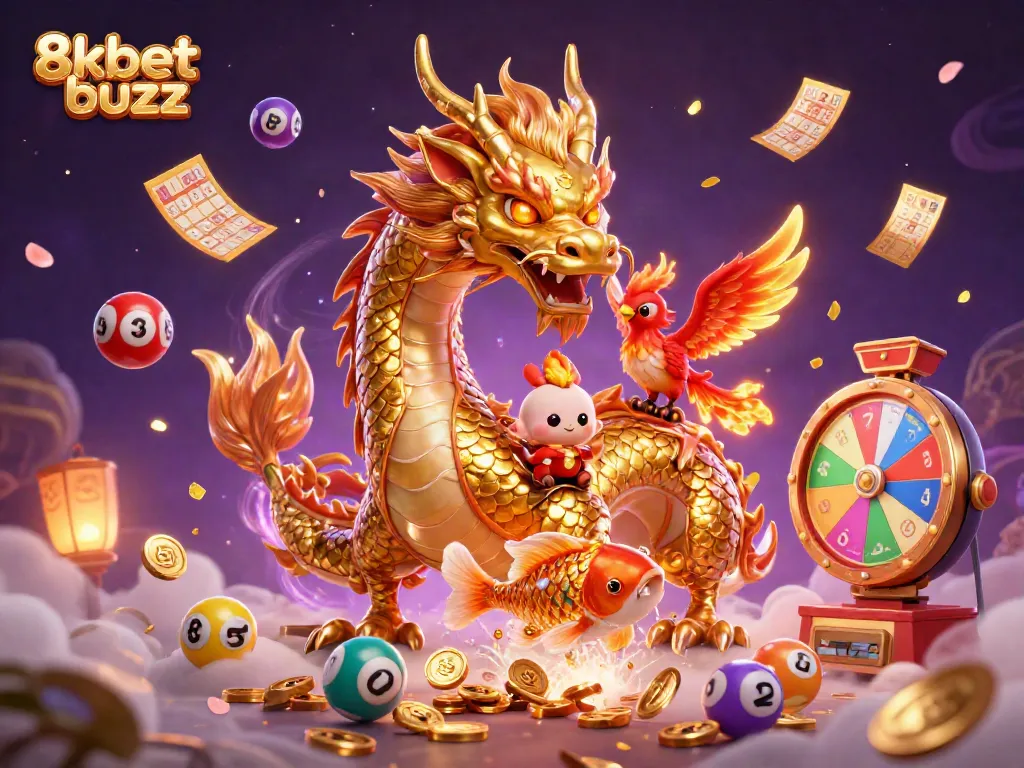 Experience 8kbet buzz with a vibrant illustration of a golden dragon and dynamic gambling elements.