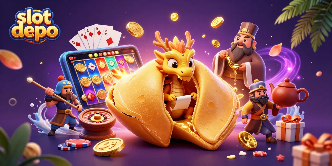 Slot depo dengan smartphone dan simbol permainan, emas berkilau menari dalam suasana ceria.