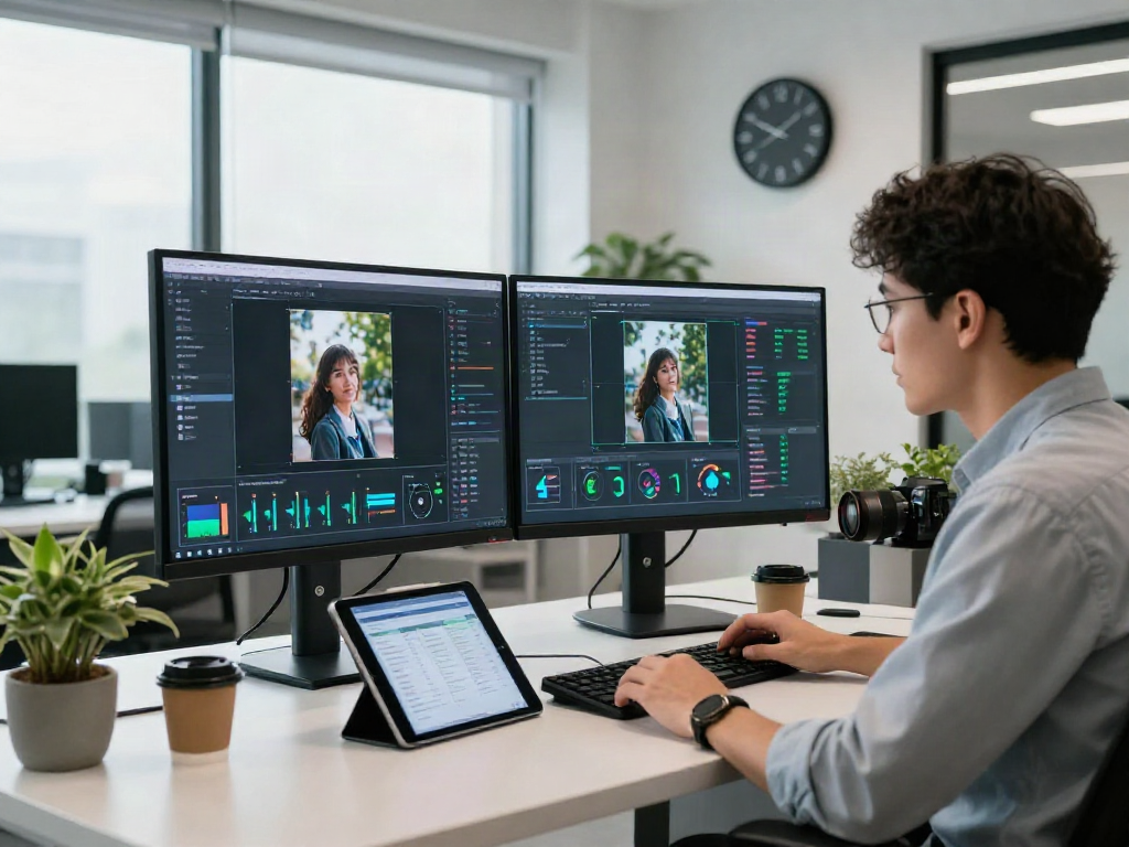 AI Image Detection analysis in a modern office with dual monitors displaying results and a data scientist at work.