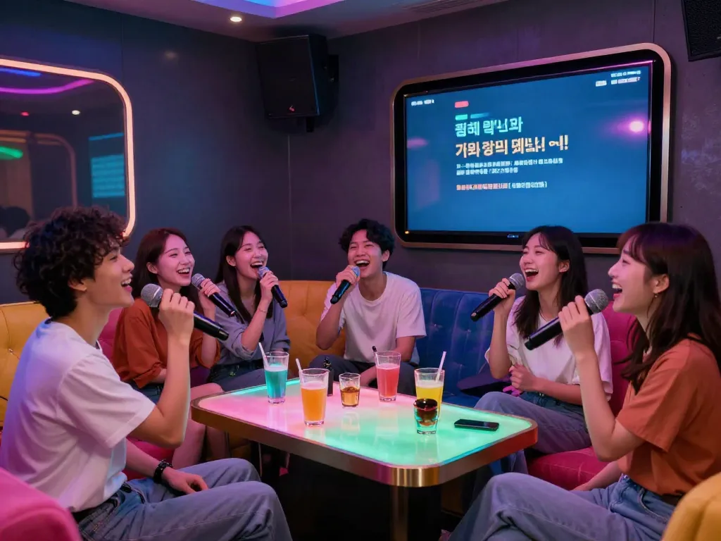 강남 달토에서 친구들과 함께 노래를 부르는 모습, daltorabbits.com의 즐거운 분위기.