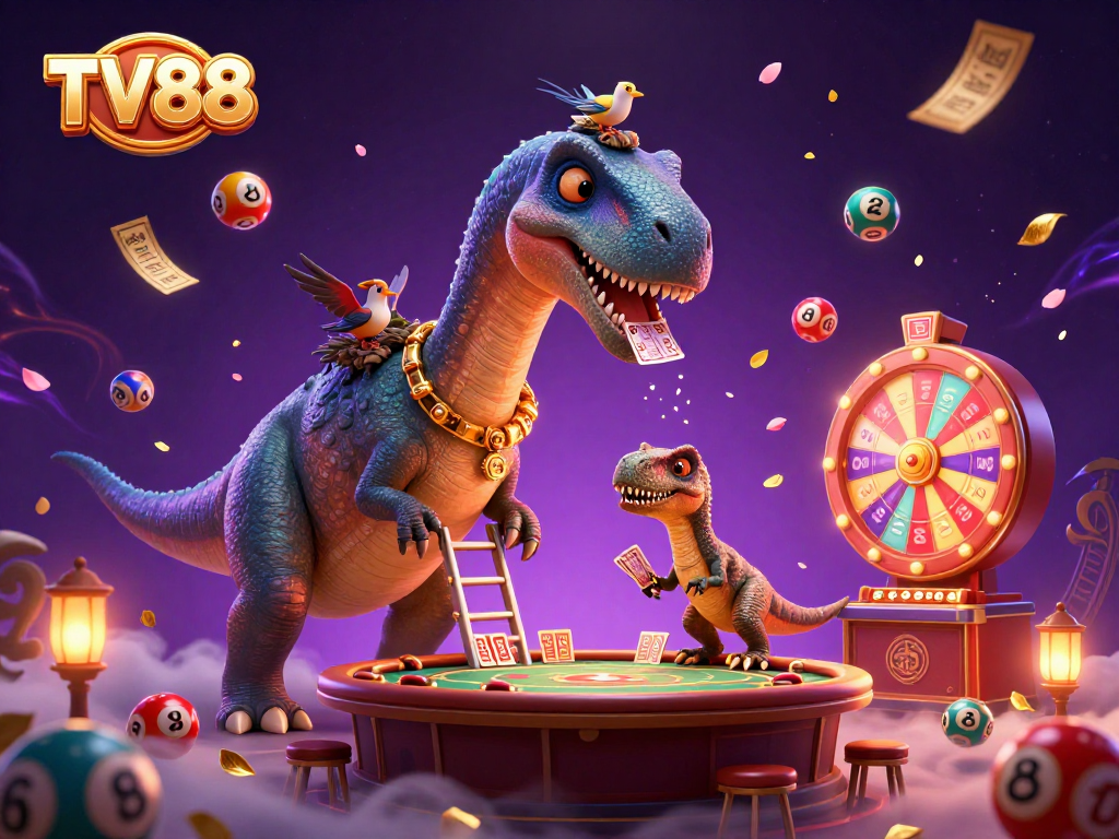Experience the excitement at TV88 casino with a vibrant 3D illustration of games, characters, and lottery elements.
