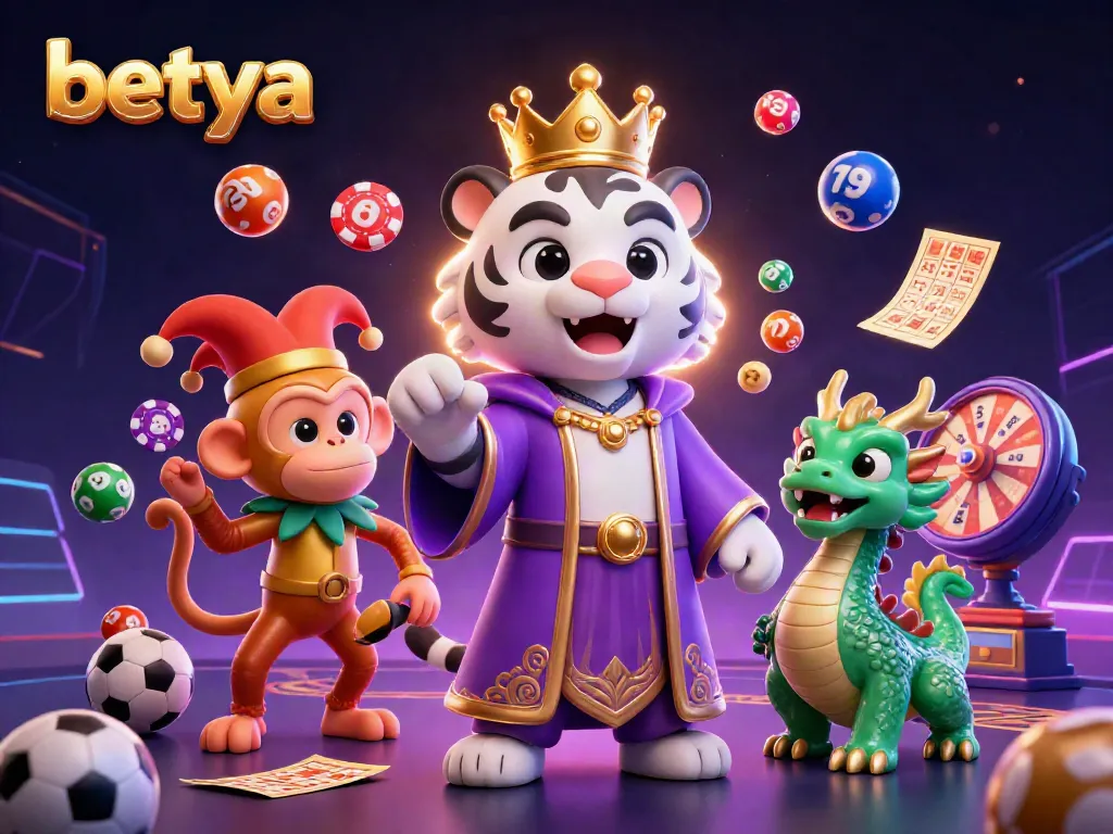 Engage in thrilling sports betting with Betya's dynamic illustration featuring a tiger, monkey, and vibrant game elements.
