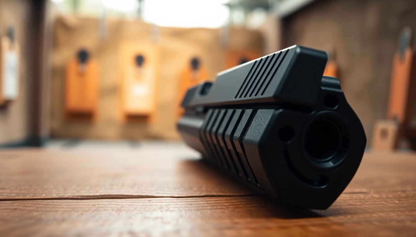 Showcasing a Glock 17 slide emphasizing its sleek design and metallic finish on a wooden surface.