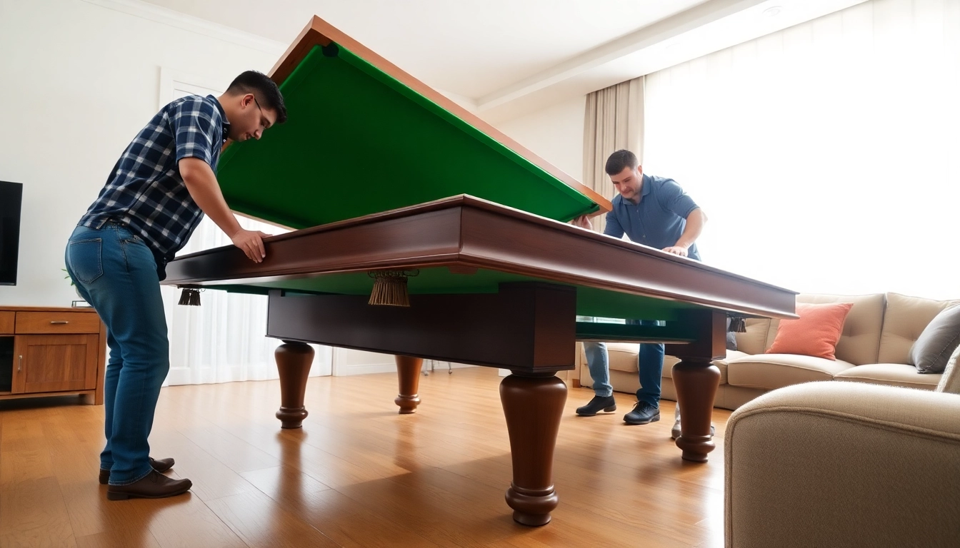 Skilled pool table movers dallas disassembling a slate table in a professional setting.