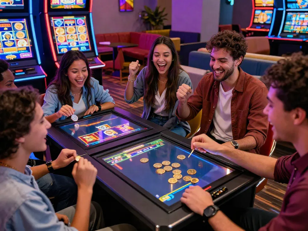 Friends enjoying a vibrant virtual slot game together, excitement in their expressions while trying ทดลองสล็อต.