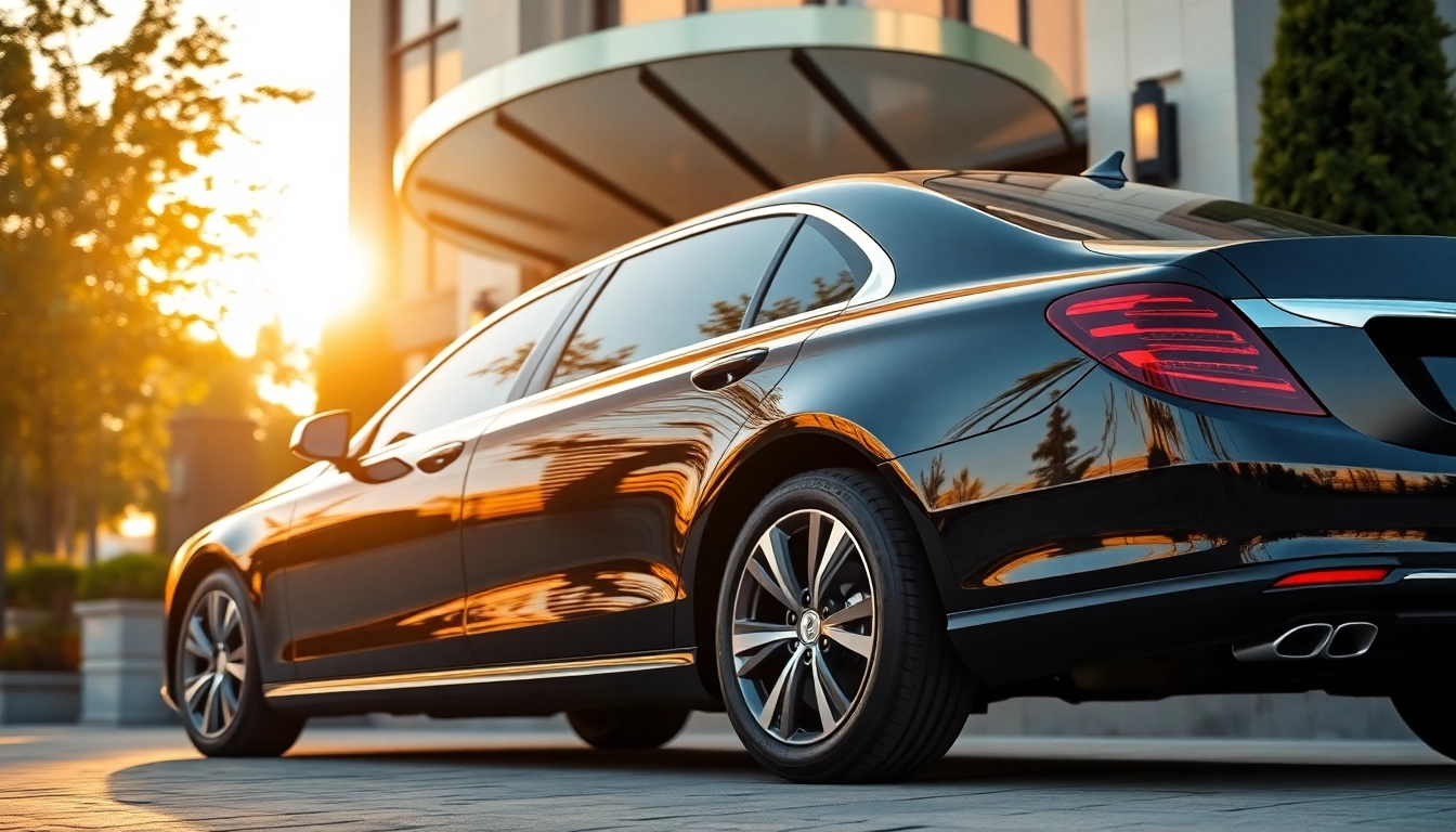 Experience a premium black car service Rhode Island at a luxurious hotel entrance, showcasing elegance and comfort.