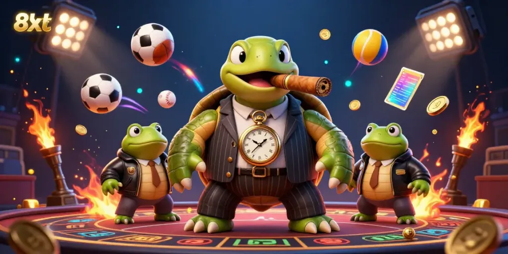 Bet on 8xbet with a cartoon turtle mobster in a bustling casino, showcasing engaging sports elements.